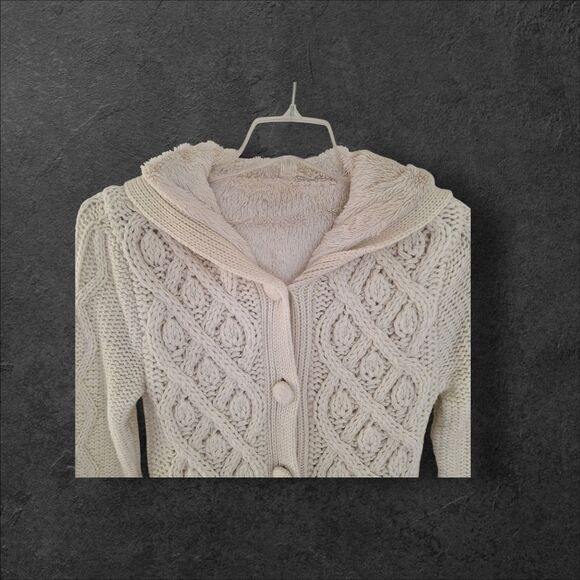 Chunky Cable Knit Hooded CARDIGAN Faux Fur Lined Sweater Tunic Length Pockets M - Picture 4 of 16
